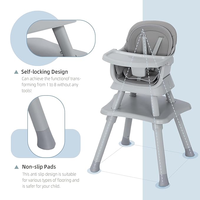 8 in 1 Baby Highchair, Convertible High Chair for Babies and Toddlers, Booster Seat w/5-Point Safety Belt, Toddler Building Block Table, Dishwasher Safe Tray, No Tool Install, Gray