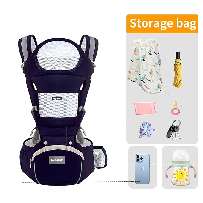 KIYUMI Baby Carrier with Hip Seat, Ergonomic M Position, Newborn to Toddler, Head Support and Breathable Mesh,Adjustable Removable 6- in-1 Baby Baby Sling Carrier (7-45 lbs) for Mom Dad,Darkblue