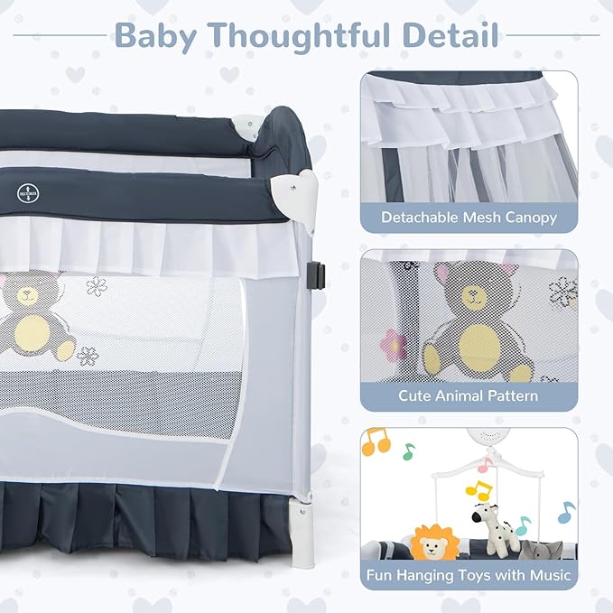HONEY JOY 4-in-1 Pack and Play with Canopy, Portable Baby Playard w/Changing Table and Infant Bassinet Cute Toys & Music, Foldable Bassinet for Newborn and Toddler(Gray)