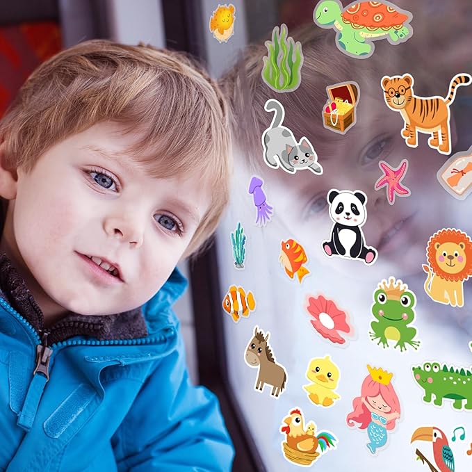 Window Clings Stickers for Kids Window Gel Clings Decals Thick Gel Clings Toddlers and Adults Classroom Home Nursery Airplane Birthday Party Supplies (Farm+Animal+Sea)