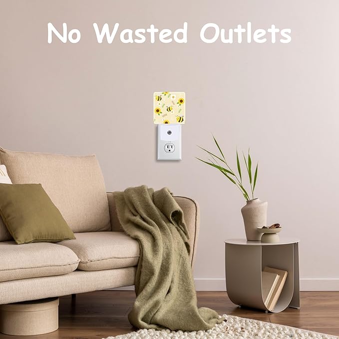 Night Light,Cute Bee and Yellow Sunflower Plug-in Night Light Auto Dusk-to-Dawn Sensor Daisies and Leaves Energy Efficient LED Lamp for Room Decor,Hallway,Kitchen,Bathroom,Nursery,Stairs