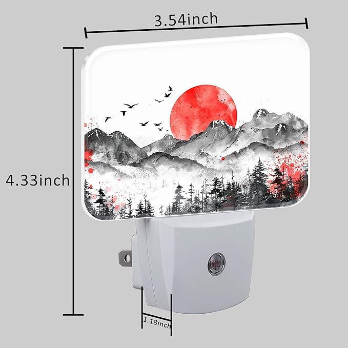 Mountains and Red Sun Night Light Ink Painting Nightlight Plug into Wall with Dusk to Dawn Sensor for Kid Girls Boys Women Men Room, Hallway, Kitchen, Bathroom, Stairs Decor