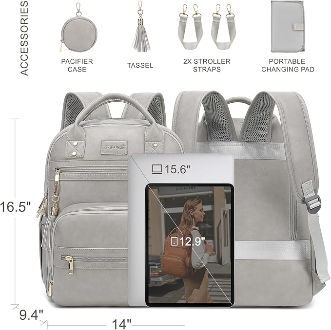 Premium Vegan Leather Diaper Bag Backpack with Waterproof Changing Pad, Reinforced Zippers & Odor-Free, 20 Pockets Pro Organizer, Fits 15.6" Laptop, Stroller Straps, Baby Bag for Mom, Grey