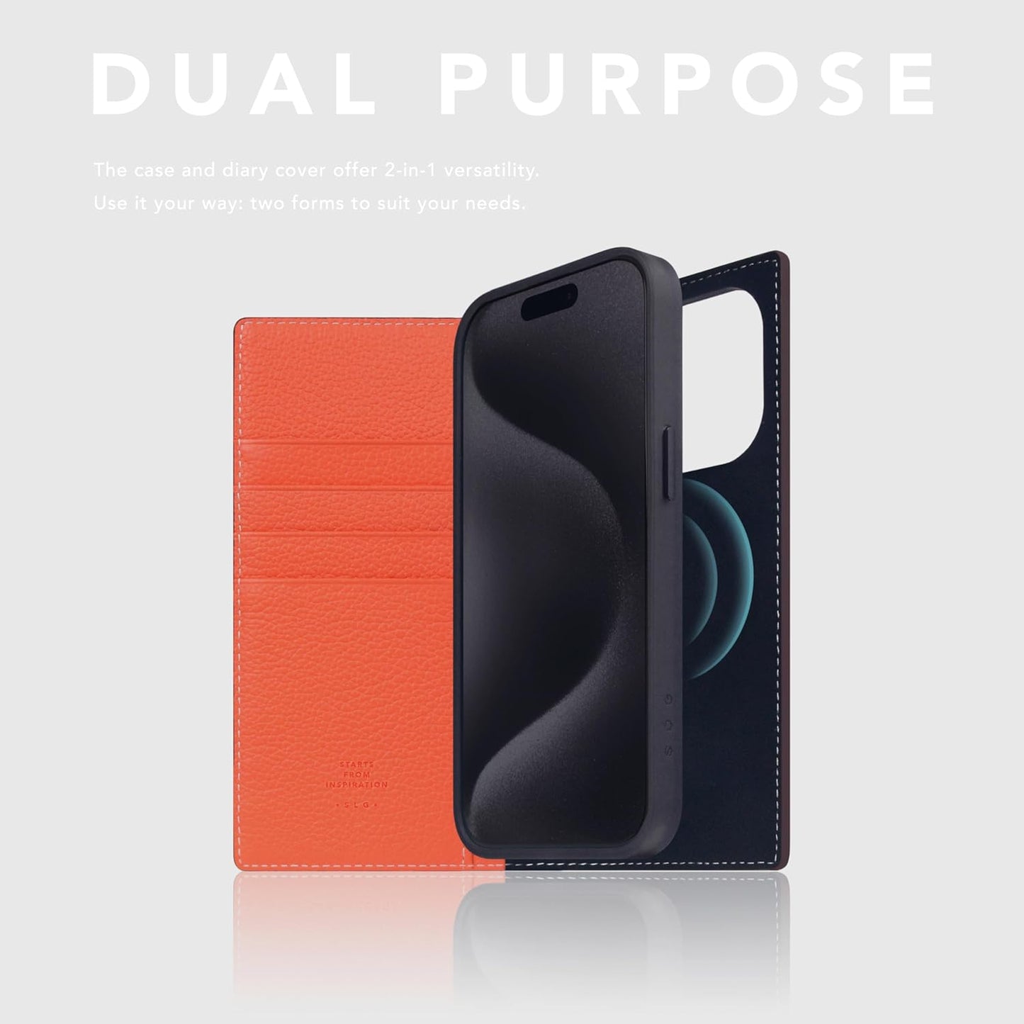 D8 Neon Full Grain Leather Wallet Case for iPhone 15 Pro - [2-in-1] Handcrafted Detachable Diary Style with Magnetic MagSafe Back Cover, Gift Box Included (Coral)