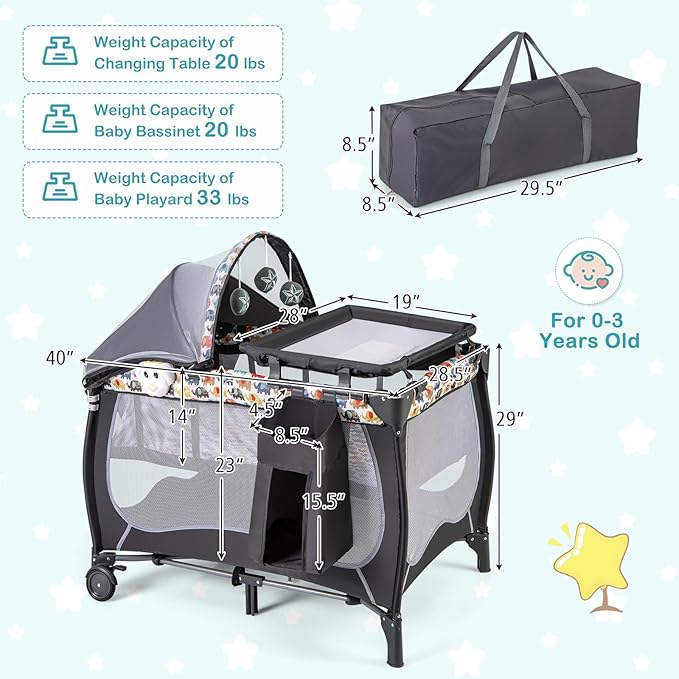 HONEY JOY Pack and Play, 4 in 1 Portable Baby Playard w/Bassinet, Changing Table, Lockable Wheel, Music, Foldable Travel Baby Crib Nursery Center from Newborn to Toddler(Gray, Elephant)