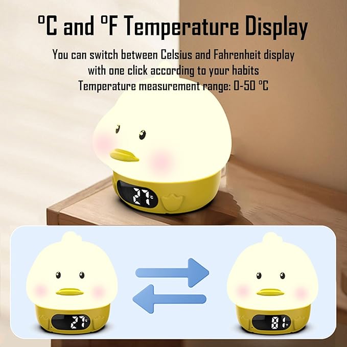 Cute Duck RGB Rechargeable Night Light, Soft Silicone Lampshade, Adjustable Brightness LED Clock, Date, Alarm, Thermometer, Timer, Tap Control, Bedroom Lamp, Gift for Girl and Kid (Yellow Duck)