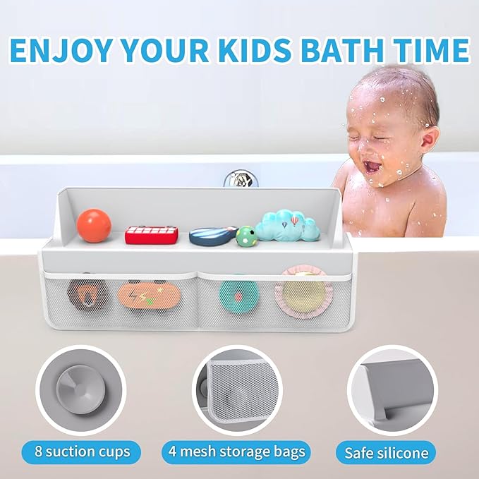 Gray Bathtub Splash Guard with Suction Cups, Waterproof Mesh Toy Organizer for Kids, Bath Toy Storage, Fits Most Tubs, Easy to Clean (Grey)