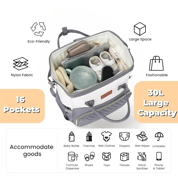 Baby Diaper Bag Backpack with Changing Pad, Pacifier Case, for Boy Girl Toddler - Large, Stylish, Waterproof Travel Quilted Diaper Bag for Mom - Gray/White