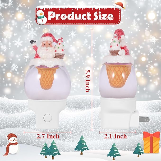 Christmas Santa Night Light Plug into Wall Glitter Water Nightlight with USB/Outlet Options, Christmas Decorative Nightlight for Bedroom Kitchen Nursery Holiday Decorations Gifts (Santa Ice Cream)
