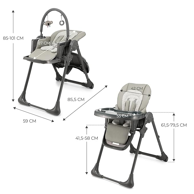 Kinderkraft Tummie, 2-in-1 high Chair, Baby Chair, Ergonomic, Comfortable, Reclining, Foldable, with Ajustable Height, Footrest, Detachable Tray, for Toddler, with Toys, Gray