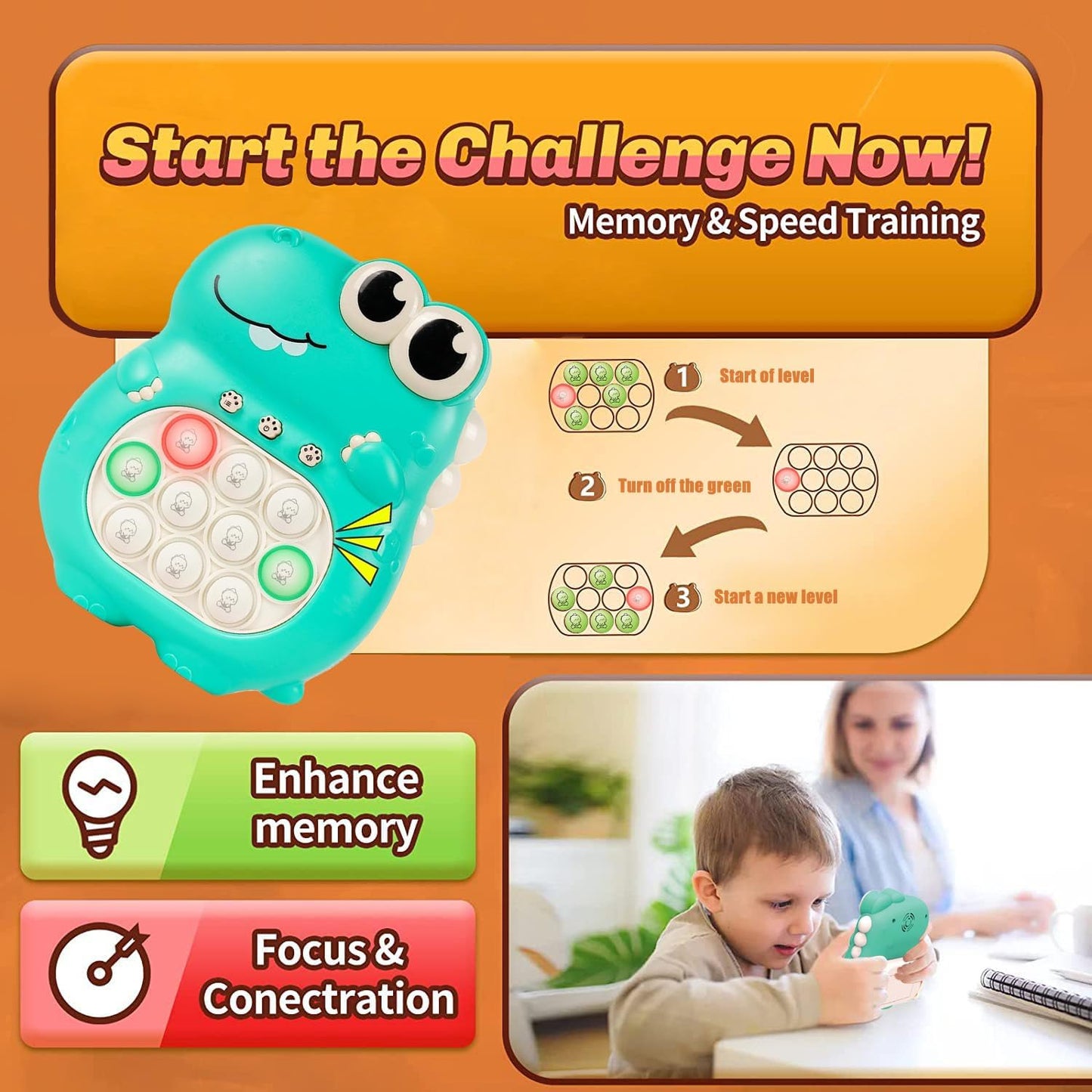 POP Toy Fast Push Game, Fidget Toys for Kids 8-12, Light up Quick Push Bubble Game, Toys for Ages 3 4 5-7 8 9 Year Old Girls and Boys, Birthday for Teen/Adult/Child (Dino Green)