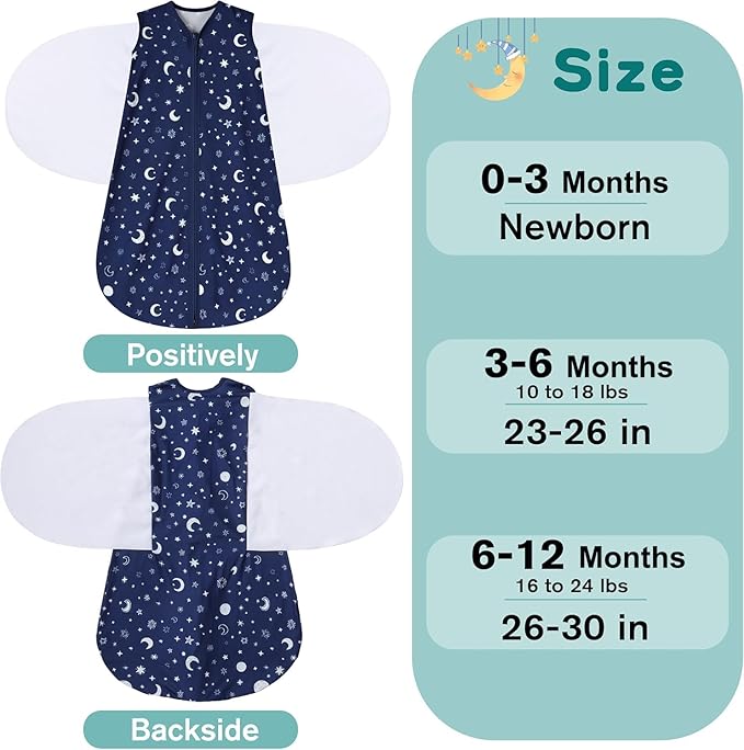 Newborn Sleep Sack Baby Swaddle,6-12 Months,3-Way Adjustable Wearable Blanket,100% Rayon Cotton Swaddling Sleeping Bag，TOG 0.5（Clouds&Starry Sky）
