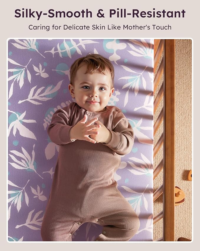 Pack and Play Sheets Fitted 3 Pack, Mini Crib Sheets for Pack N Play Mattress Stretchy Portable Playard Sheets, Soft Breathable Purple Leaf