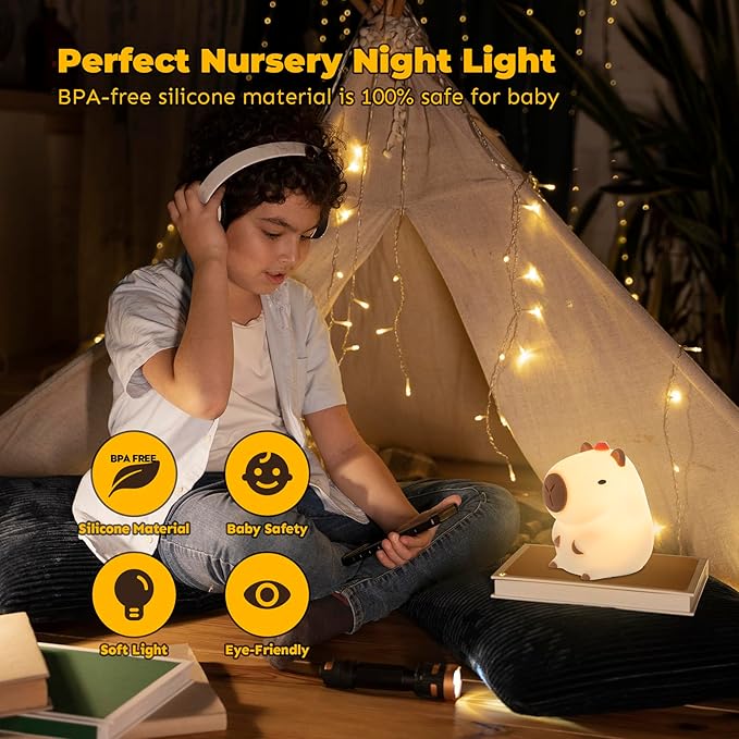 LED Squishy Animal Night Light - 2 Level Dimmable Nursery Lamp for Kids, Rechargeable Touch Lamp, Cute Dorm Decor - Perfect Baby Boys Girls Gift (Kapibala)