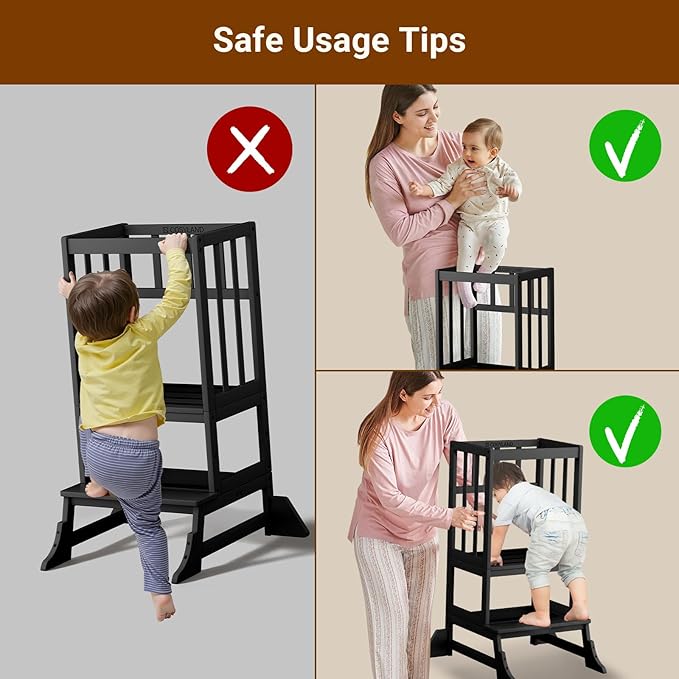 COSYLAND Kitchen Tower for Toddlers with Anti-Tip Support – Lightweight Toddler Kitchen Stool Helper for Bathroom Living Room Dining Room – Solid Bamboo Standing Tower (Black)