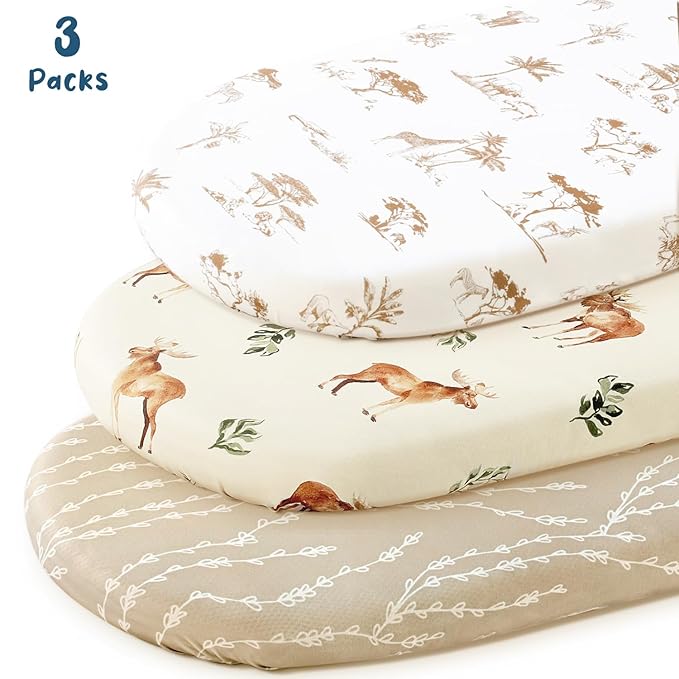 GRSSDER Stretchy Ultra Soft Fitted Bassinet Sheets 3 Pack, Universal Fit for Baby Cradle Moses Basket Oval Rectangle Mattress Safe and Snug, Free Animals Stylish Print