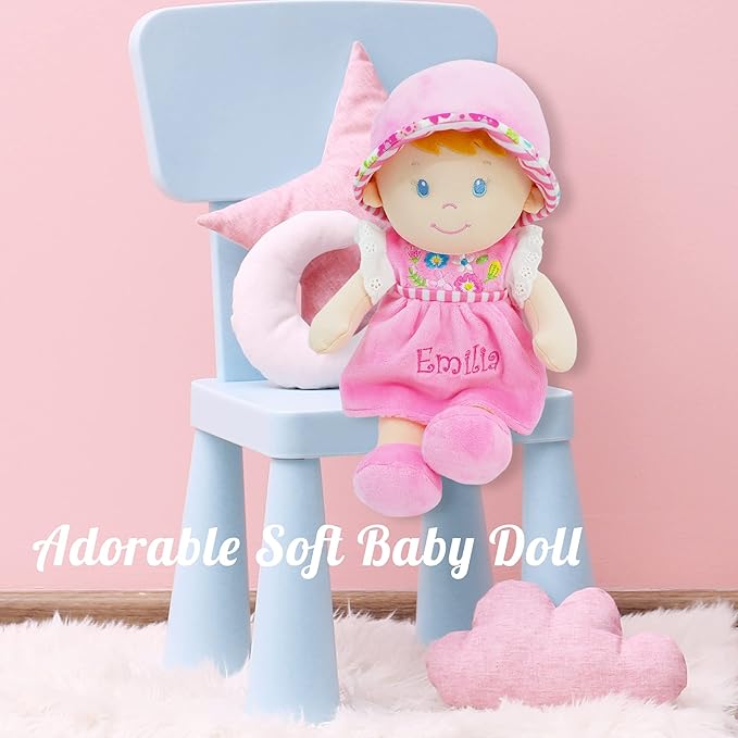 June Garden Personalized Soft Dolly Emilia - Stuffed Soft Baby Doll for Birth and Up with Custom Name - Pink Dress - 13"