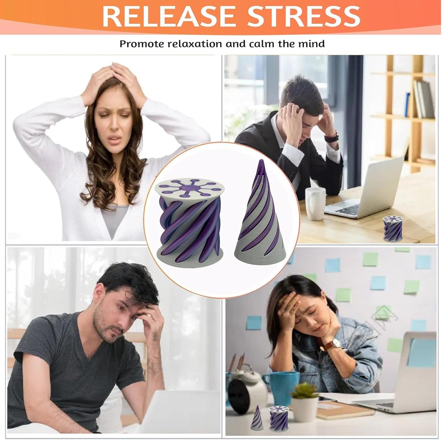 Impossible Pyramid Passthrough Sculpture - 2Pcs 3D Printed Spiral Cone Fidget Toy, Stress and Anxiety Relief Toy, Pass Through Pyramid Fidget Toy for Adult Children (Purple)