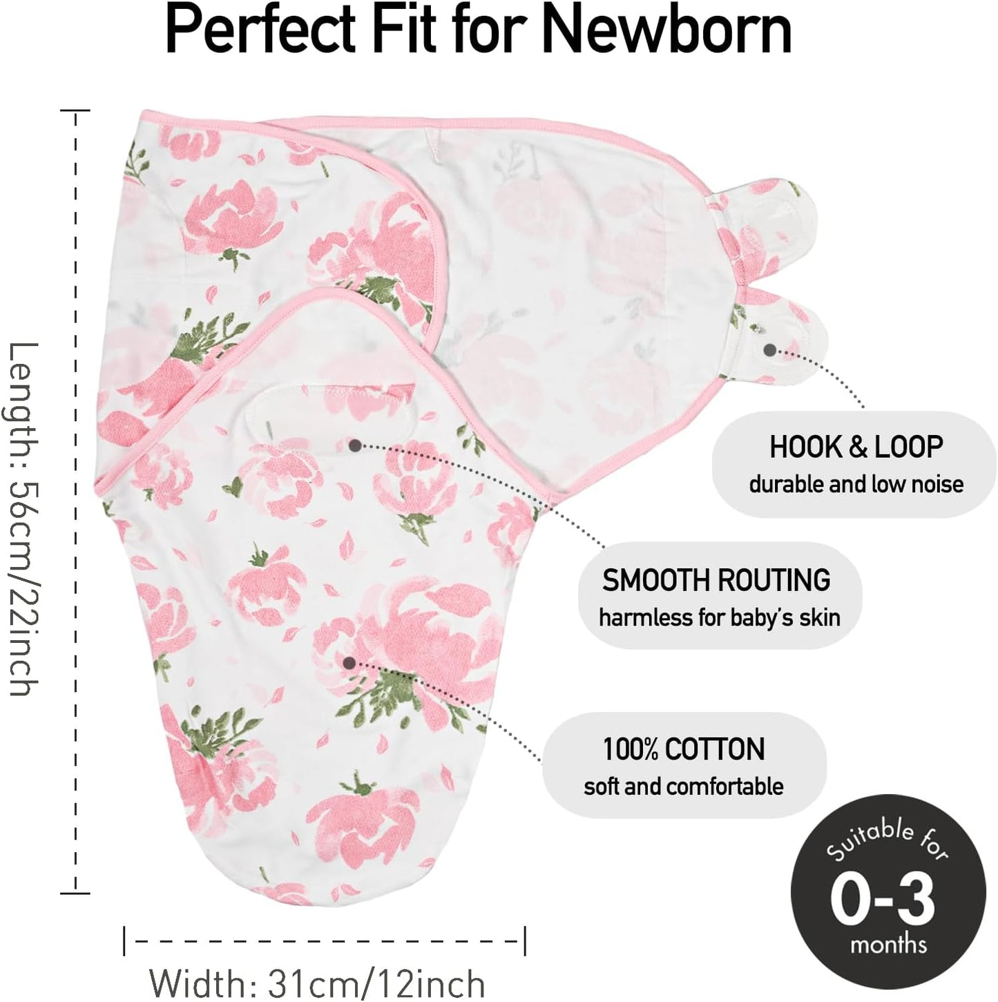 GLLQUEN BABY Girl Swaddles 0-3 Months - 3 Pack Baby Swaddles Sack for Newborn, Infant Sleep Sack, Easy Swaddling Wrap, A Pink Floral, Nursery Swaddle Blankets Essentials