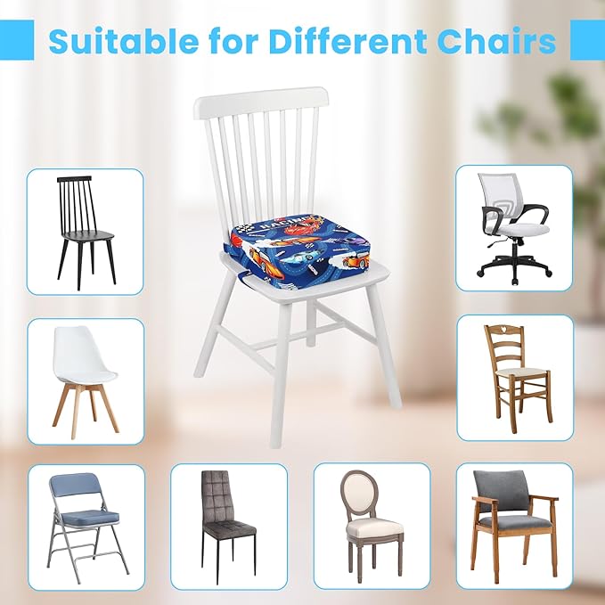 Toddler Booster Seat for Dining Table, Kids Booster Seat for Kitchen Chair with Non-Slip Bottom, Portable Detachable Washable Increasing Cushion with 2 Adjustable Straps (Racing car)
