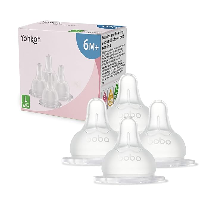 YOHKOH Baby Bottle Nipples for Wide Neck Bottles, 100% Natural Feel Silicone Nipples, BPA-Free (6m+, L, 4 Counts)