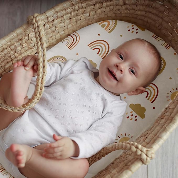 Baby Bassinet Sheets Girl Unisex - 3 Pack Safe Cradle Sheets Universal for Hourglass, Oval Rectangle Bassinet Mattresses (32" x 16") Cloud Rainbow