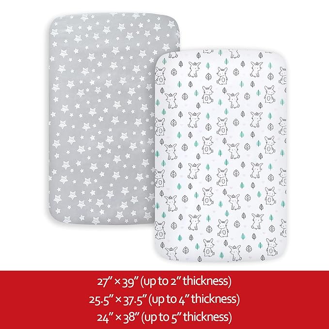 Pack and Play Sheets, 2 Pack Mini Crib Sheets, Stretchy Playard Fitted Sheet, Compatible with Graco Pack n Play, Soft and Breathable Material, Stars & Bunny
