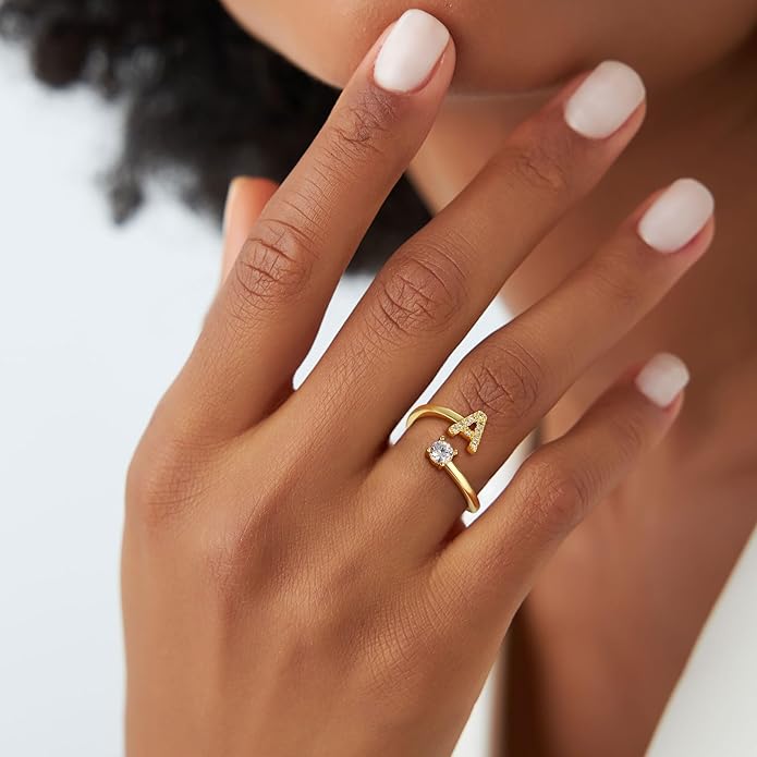 Gold Rings for Girls Women - Dainty 14K Gold Plated Adjustable Letter Rings Teen Girls Gifts Trendy Stuff Initial Ring Teen Girl Birthday Christmas Gift for Girl Non Tarnish