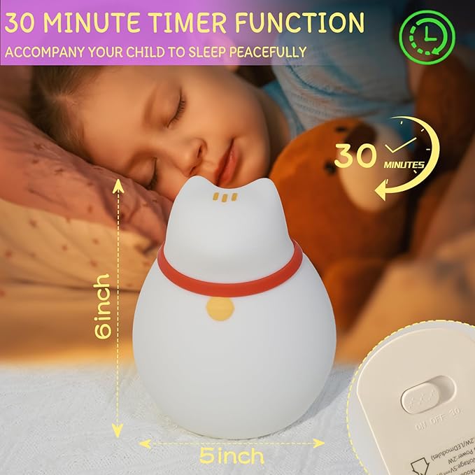 Cat Night Light for Nursery, Silicone Rechargeable Night Light with Timer & 3 Modes, Touch Control Kids Bedroom Light (Cute Cat Design)