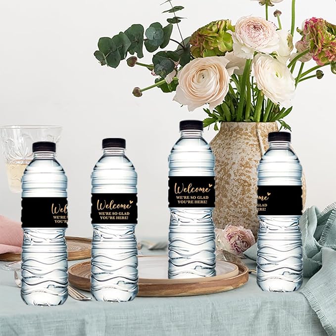 100PCS Wedding Water Bottle Labels Waterproof Greenery Floral Wraps Sticker for Water Bottle Baby Shower Bottle Label for Bridal Shower Party Welcome（Black）