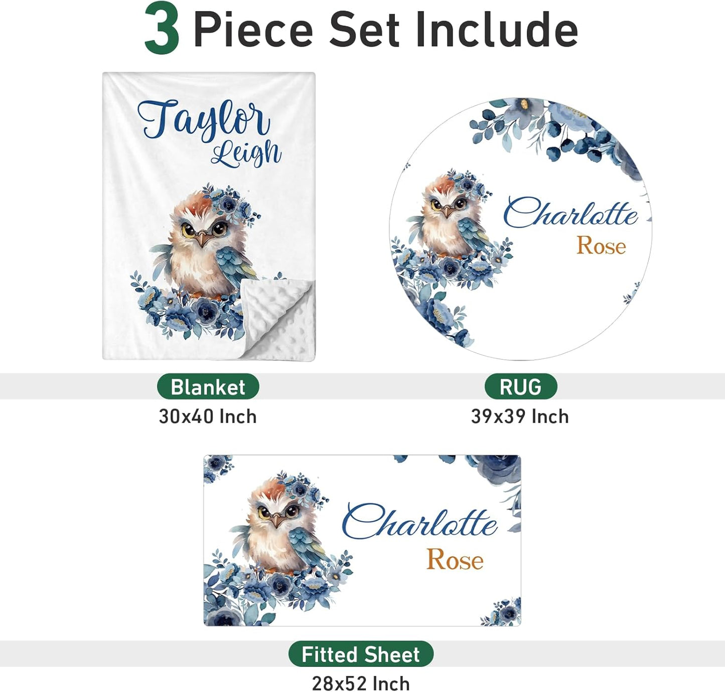 Personalized Baby Crib Bedding Set - Custom Name Owl Pattern 3 Pcs Set - Soft Blanket with Double Layer Dotted Backing, Fitted Sheet, Room Rug for Newborns Boys Girls Shower Gift
