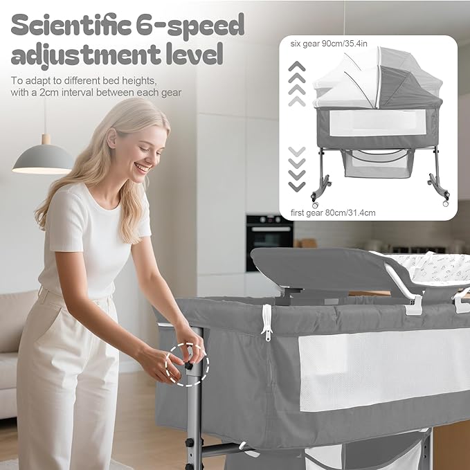 Baby Bassinet Bedside Crib 4-in-1 with Changing Table, 6 Height Adjustable Baby Crib with Mosquito Net & Storage Basket, Portable Cradle Bassinet for Newborn Infant (Grey)