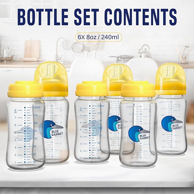 Multipurpose Anti-Colic Glass Baby Bottles with Slow Flow and Natural Flow Nipples, Breast Milk Collection and Storage Bottles, Wide-Neck Breast Pumps Compatible, 6-Pack (8oz)