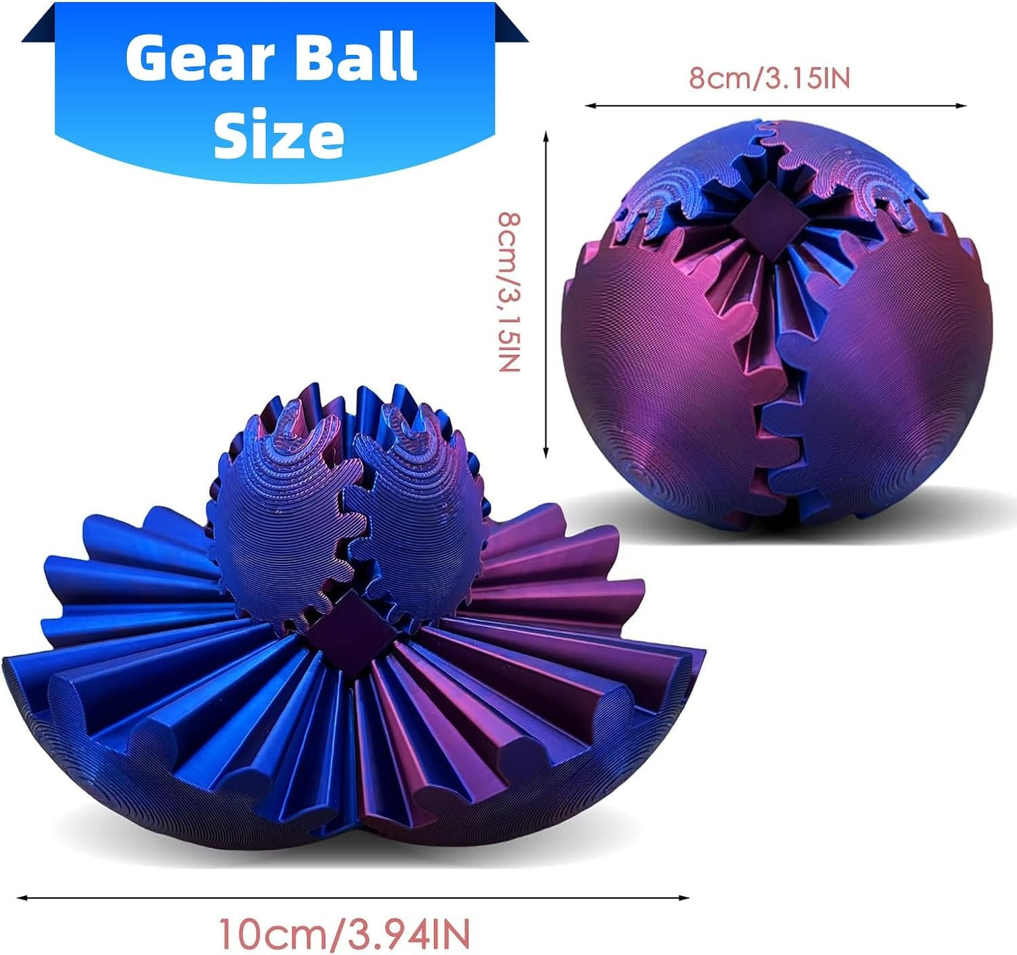 Gear Ball,Gear Sphere,3D Printed Gear Ball Gearsphere Gear Ball for Stress and Anxiety Relaxing Fidget Ball,3D Printed Work Fidget Toy,Activity Gear Ball for Adults & Kids (Red+Blue)