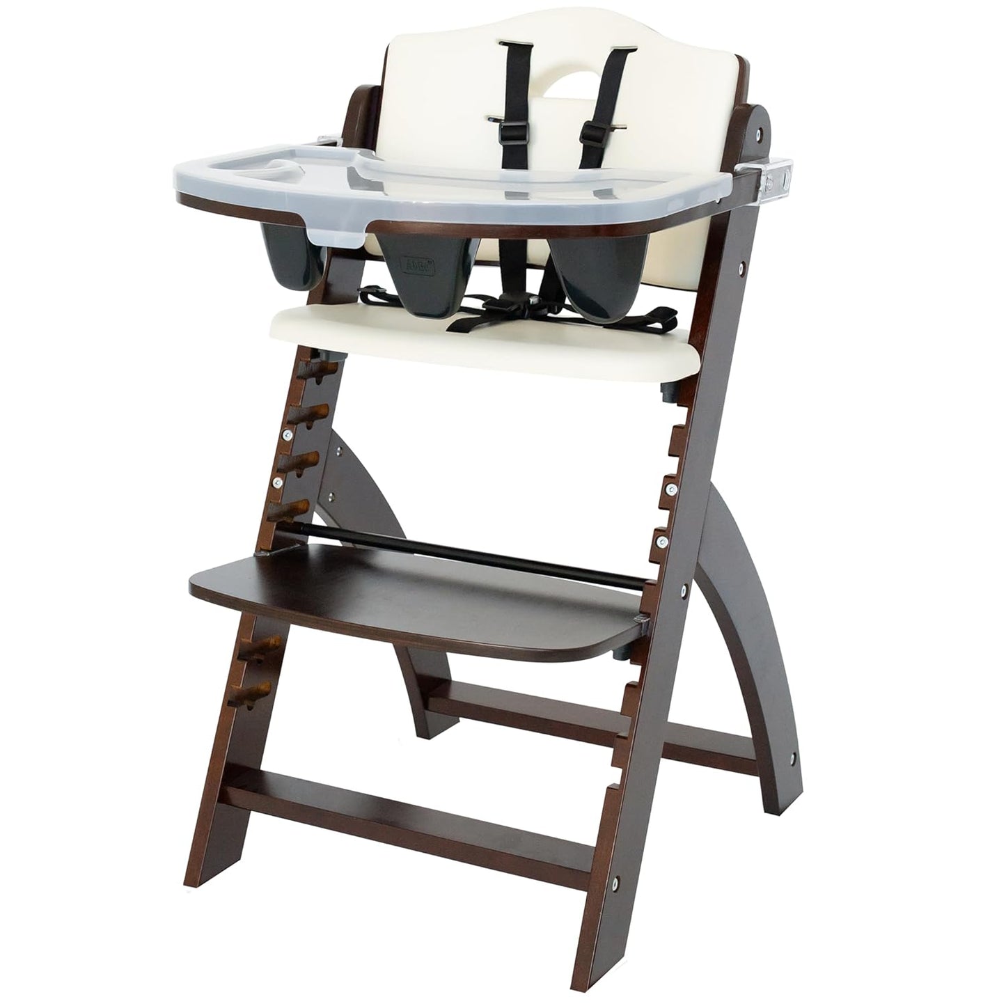 Abiie Beyond Junior Wooden High Chair with Tray - Adjustable and Convertible High Chair for Babies and Toddlers - 6 Months to 250 Lb - Water Resistant - Mahogany Wood/White Cushion