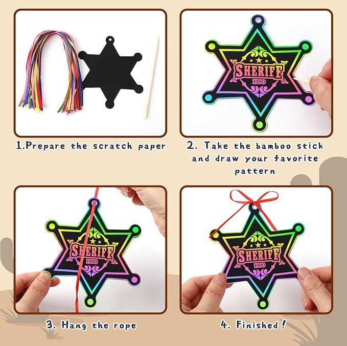 JULMELON 36 PCS Western Crafts, Rainbow Scratch Art Cowboy Rodeo Party Favors DIY Magic Color Scratch Paper Cards for Western Theme Birthday Party Favors School Activities Games