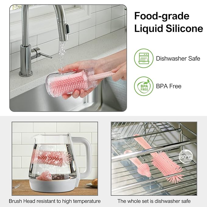 Baby Bottle Brush Set-6 in 1 Bottle Brush Cleaner with Silicone Bottle Brush,Drying Rack,Nipple Brush,Straw Brush,Soap Dispenser&Storage Box-Baby Essentials Gifts for Home&Travel(Pink)