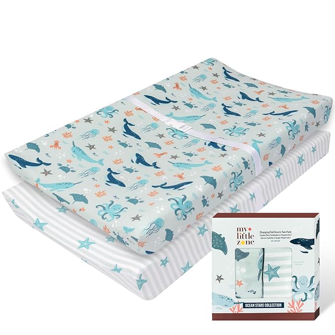 100% Cotton Changing Pad Cover for Baby Boys and Girls, Nautical - Breathable Bassinet, Mini Crib Mattress Fitted Sheets - Ocean Stars, 32"x16" with 8" Deep Pocket, Teal-White, 2 Pack