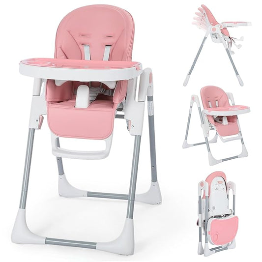 Kinder King Convertible High Chair for Babies & Toddlers, Adjustable Baby Feeding High Chair with Removable Double Tray, Simple Compact Fold for Space-Saving, 2 Built-in Wheels, Easy to Clean, Pink
