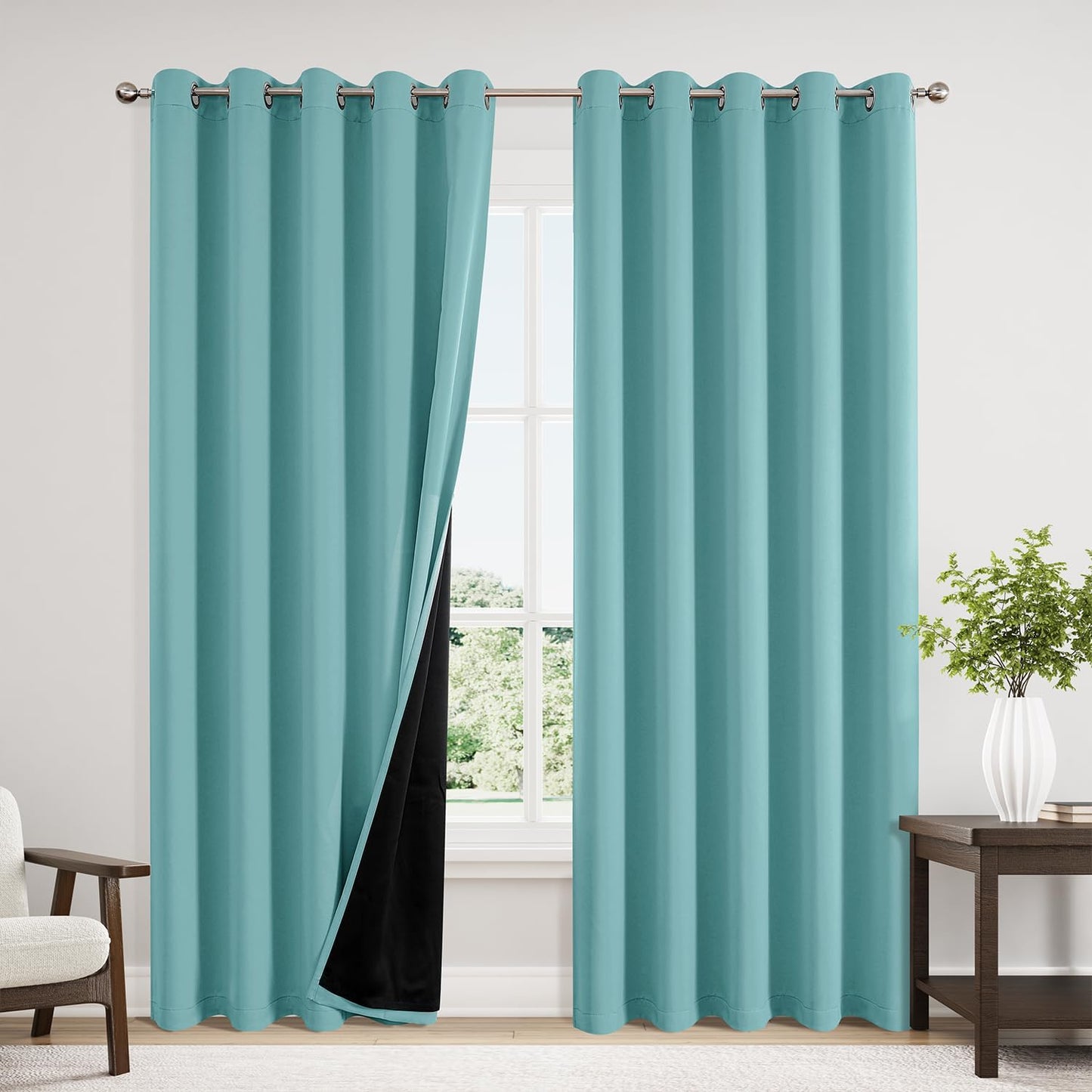 ChrisDowa 100% Blackout Curtains 84 inch Long for Bedroom with Black Liner, Extra Wide 2 Thick Layers Total Blackout Thermal Insulated Grommet Window Curtains 2 Panels Set (Aqua, 60 x 84 Inch)