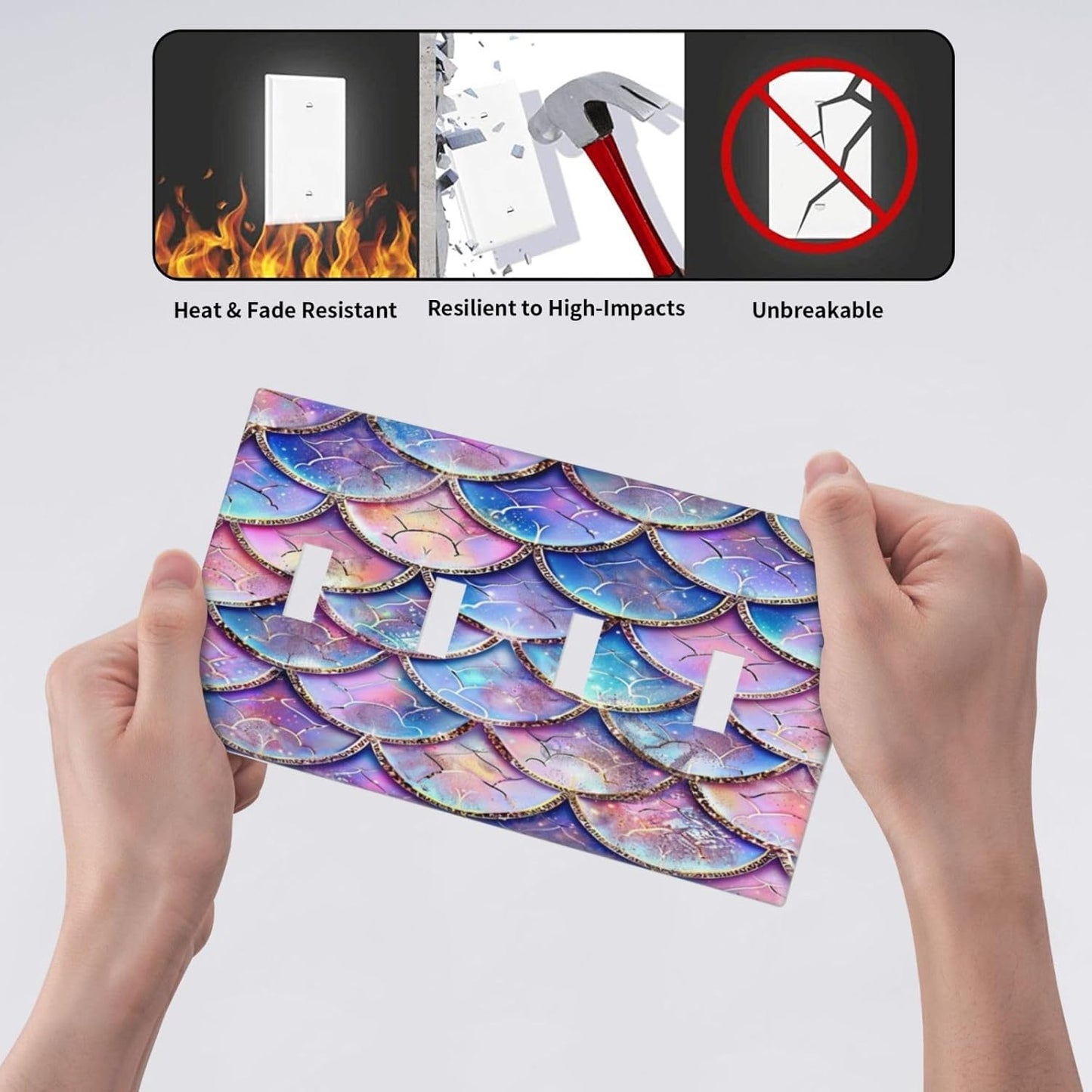 Decorative Switch Covers Plate Cute Pink Purple Mermaid Scales 4 Gang Artistic Wall Plate Unique Quad Toggle Light Switch Plate Jumbo Faceplate for Girlroom Bedroom Home Decor