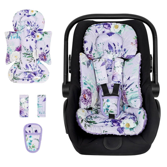 Infant Car Seat Insert and Strap Covers, Very Soft Car Seat Head Support Baby Girl Boy, Reversible Newborn Carseat Insert Cushion Fits for Stroller, Baby Swing, Bouncer (Purple Floral)