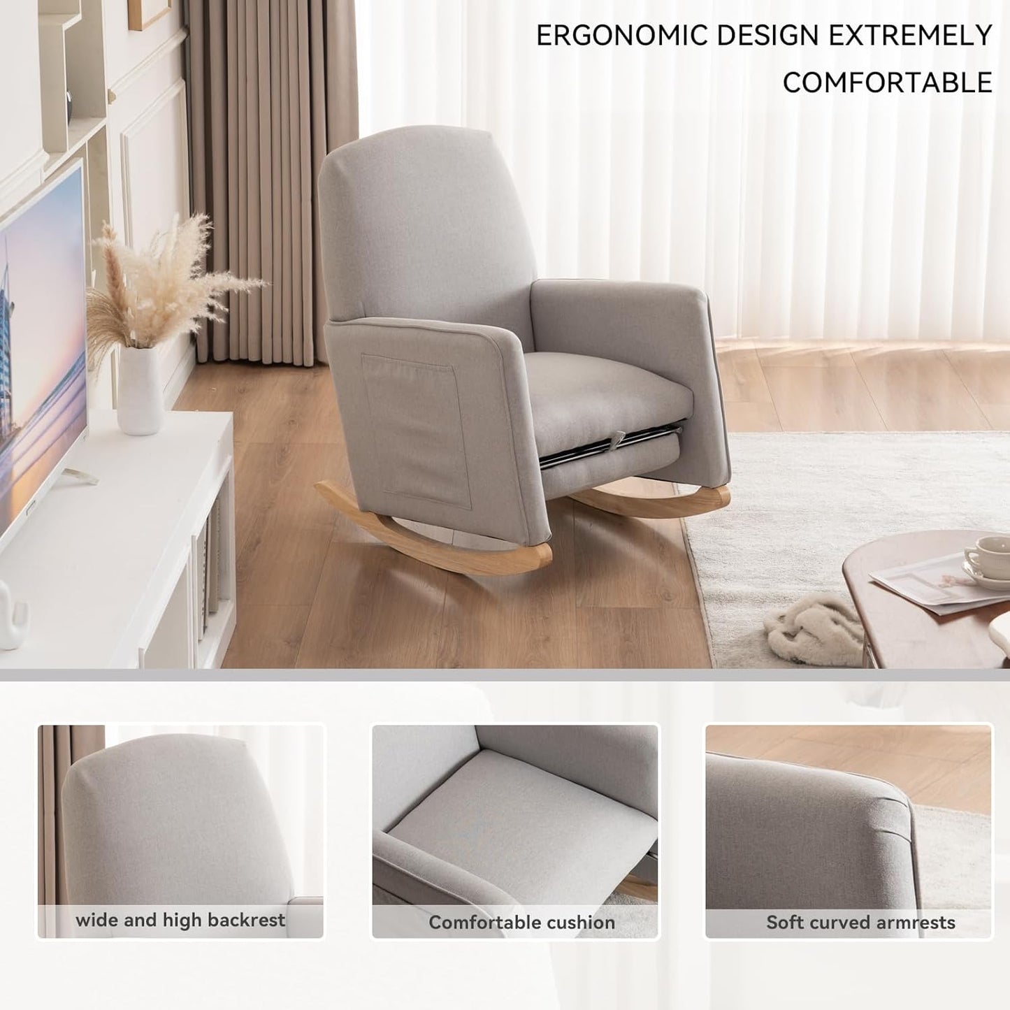 FOXHUNTER Rocking Chair Nursery with Adjustable Footrest and High Backrest, Upholstered Glider Chairs with Side Pockets for Nursery, Rocker Armchair Indoor for Living Room,Light Gray