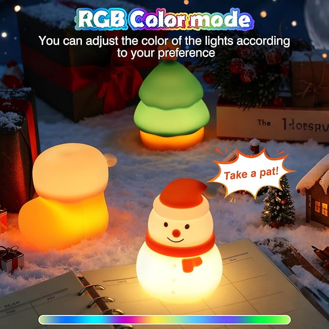Christmas Night Light Set for kids,Rechargeable Dimmable Christmas Snowman Night Lamp,Cute Christmas Tree Decor Nightlight for Nursery Toddler Hangable Squishy Silicone Boot Lights Gifts Holiday Decor