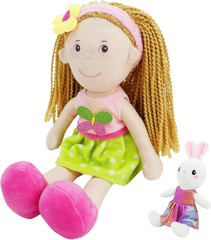 June Garden 14" Playmate Buddies - Plush Doll Aubrey with Her Stuffed Animal Companion Bunny Trixy
