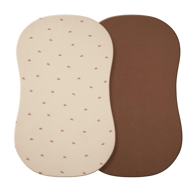Blissful Diary Muslin Bassinet Sheets for Baby Girls Boys, Boho Soft Cotton Fitted for Oval Hourglass Rectangle Mattress, 2 Pack(Sunshine&Brown)