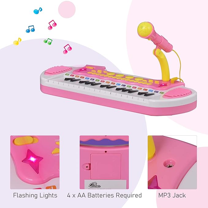 Qaba Kids Toy Keyboard Piano Toddler Electronic Instrument with Stool, Microphone and Bright Flashlight for Children Birth Gift, Pink