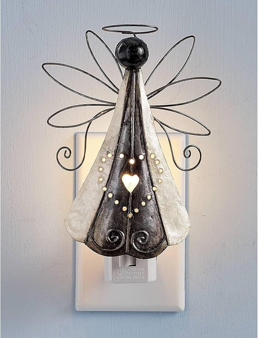 SAGEFINDS Angel Nightlight | Decorative Capiz Shell and Metal Art Design | Bedroom, Bathroom, Stairs, Nursery | Home Décor Accent | Rotating Plug | On/Off Switch | Bulb Included | 6” High