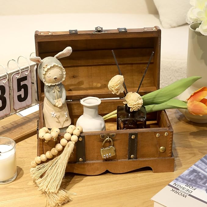 Vintage Wooden Treasure Chest Decorative Box with Lock - 12.2" x 7.1" x 7.1", Brown