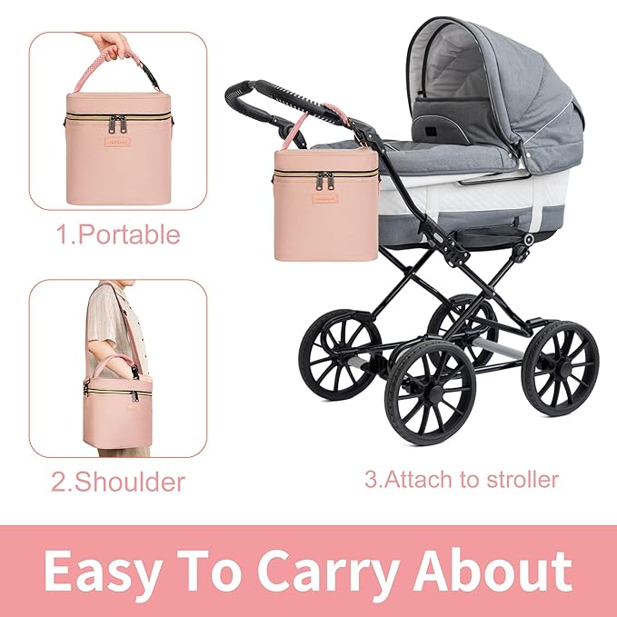 Mancro Breastmilk Cooler Bag Fits 6 Bottles Up to 9 Ounce, Insulated Baby Bottle Bag Comes with ice Pack and Shoulder Strap, Baby Bottle Cooler Bags for Daycare Nursing, Pink